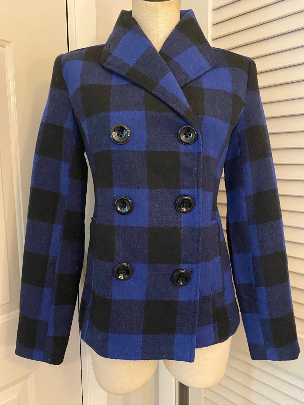 Rampage Blue and Black Checkered Pea Coat- Size Small